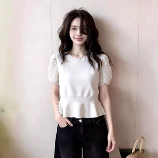2026春夏新款女装蕾丝短袖针织衫设计感收腰显瘦简约百搭白色上衣