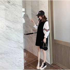 连衣裙女2025春秋装新款韩版宽松假两件蝙蝠袖中长裙休闲卫衣裙子