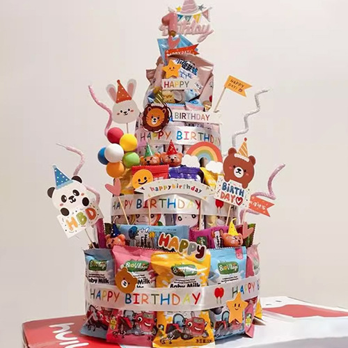 Xiaohongshu Style Birthday Snack Cake DIY Kit with Candy Chains, Children's Cake Foam Sticks, Decorations