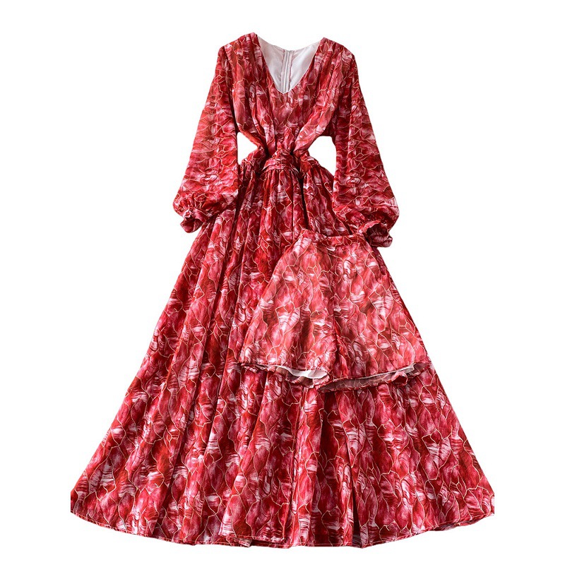Women's French Style Chiffon Floral Print Dress Summer Korean Tie Waist Long Sleeve Slimming Maxi Dress Perfect With Leggings_ecoleips.com