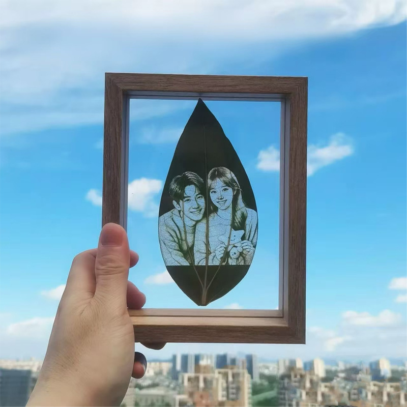 Leaf Carving Photo Frame Display Stand, Plant Specimen Pressed Flower Ornament, New Chinese Style Handmade Wooden Double-Sided Calligraphy and Painting Frame Display Stand