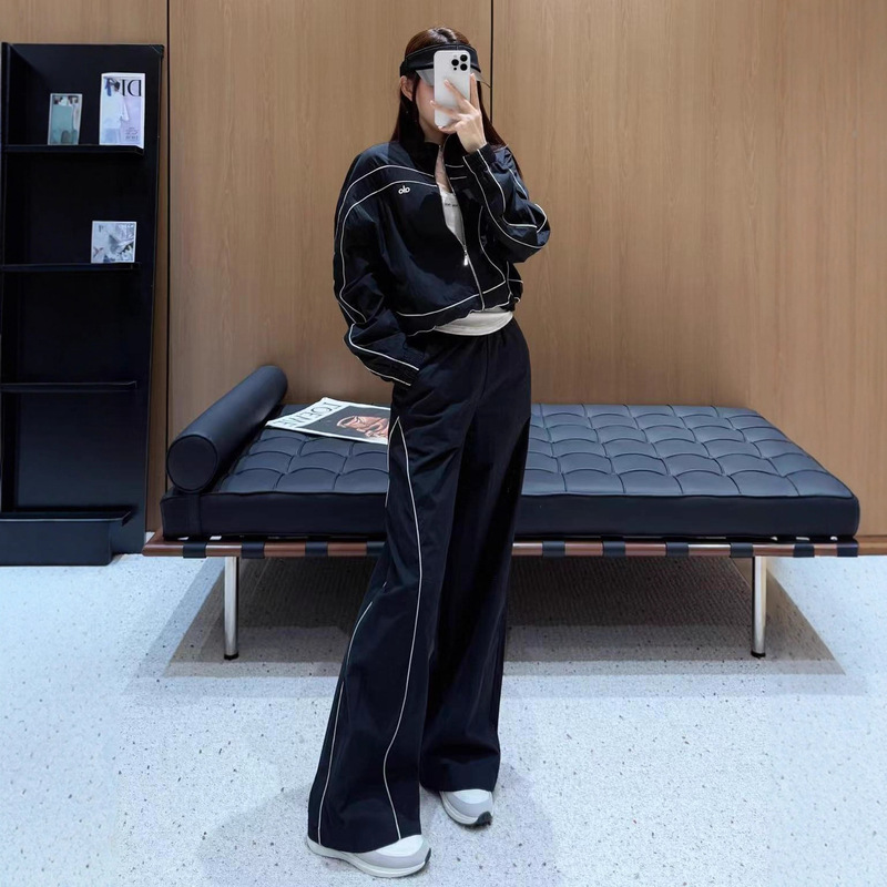 ALO早秋新款韩版时尚运动撞线百搭显瘦长袖高腰阔腿裤时尚套装女|undefined