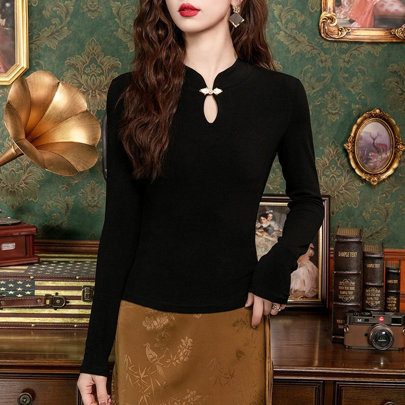 Chinese-Style Stand-Collar Long-Sleeve T-Shirt for Women, 2025 New Women's Black Base Shirt with New Chinese-Style Frog Buttons