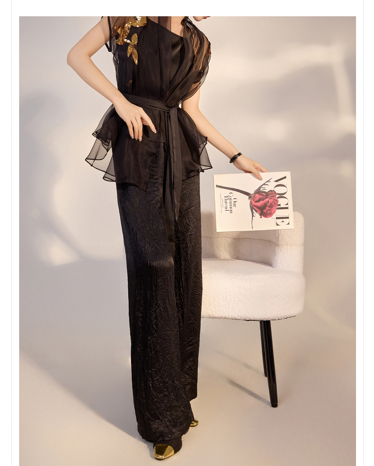 Áo khoác lưới thêu sequin lụa tơ tằm ngắn tay, dáng ôm, phong cách retro nghệ thuật M3084 — Màu đen chi tiết 6