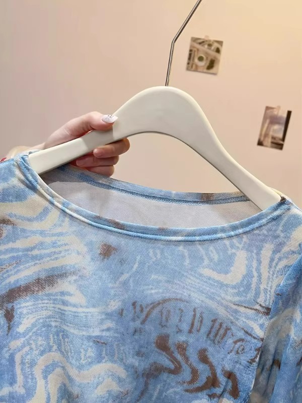 法式扎染网纱防晒罩衫女夏季薄款不规则纯欲辣妹抽绳长袖T恤上衣|undefined