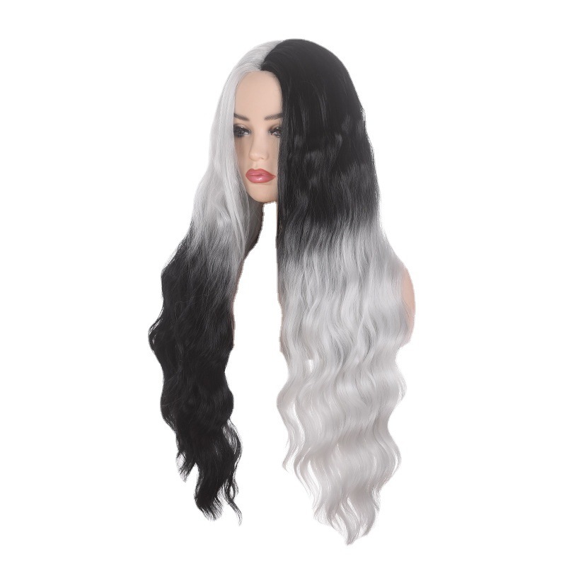 Cosplay pelucas Halloween juegan toque de cabeza en blanco y negro en medio de gradiente europeo y americano pelucas longas