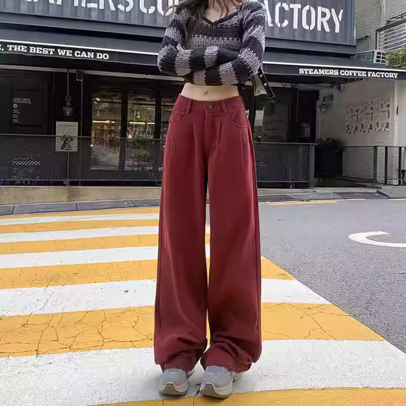 American-Style Pleated Low-Waist Jeans for Women, 2026 Spring New Model, Ancola Red, Ins Loose-Fitting Floor-Length Wide-Leg Pants