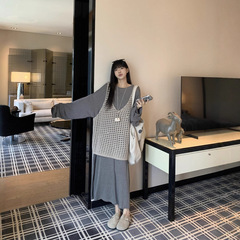 实拍 早秋圆领长袖长款灰色连衣裙+宽松针织大背心马甲