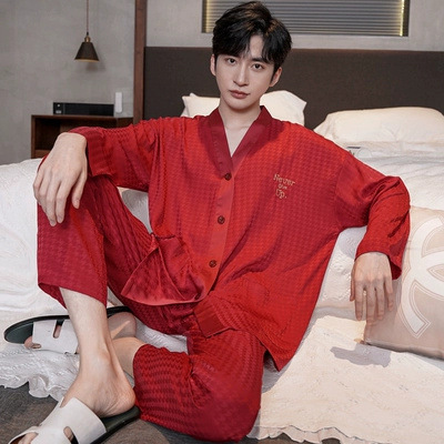 Summer new men's silk pajamas long-sleeved trousers suit mulberry silk home wear lapel comfortable home wholesale