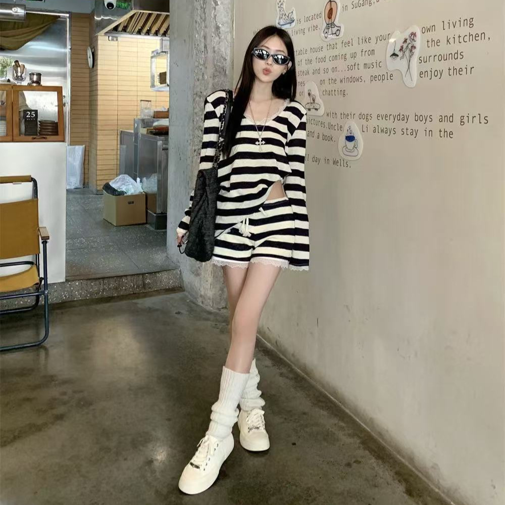 Y2K条纹蕾丝花边长袖短裤两件套春秋季新款大码家居服套装可外穿