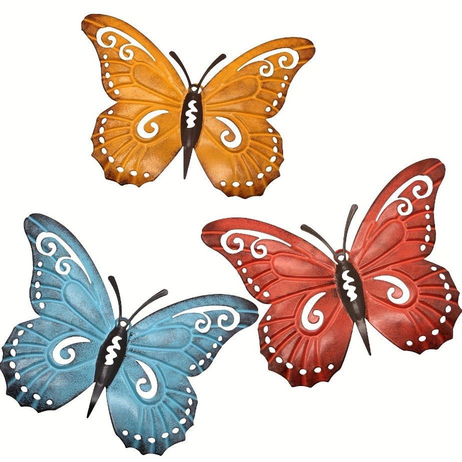 Juego de 3 pegatinas de pared tridimensionales de mariposas de hierro huecas realistas para decoración del hogar, disponibles en stock para Amazon transfronterizo.