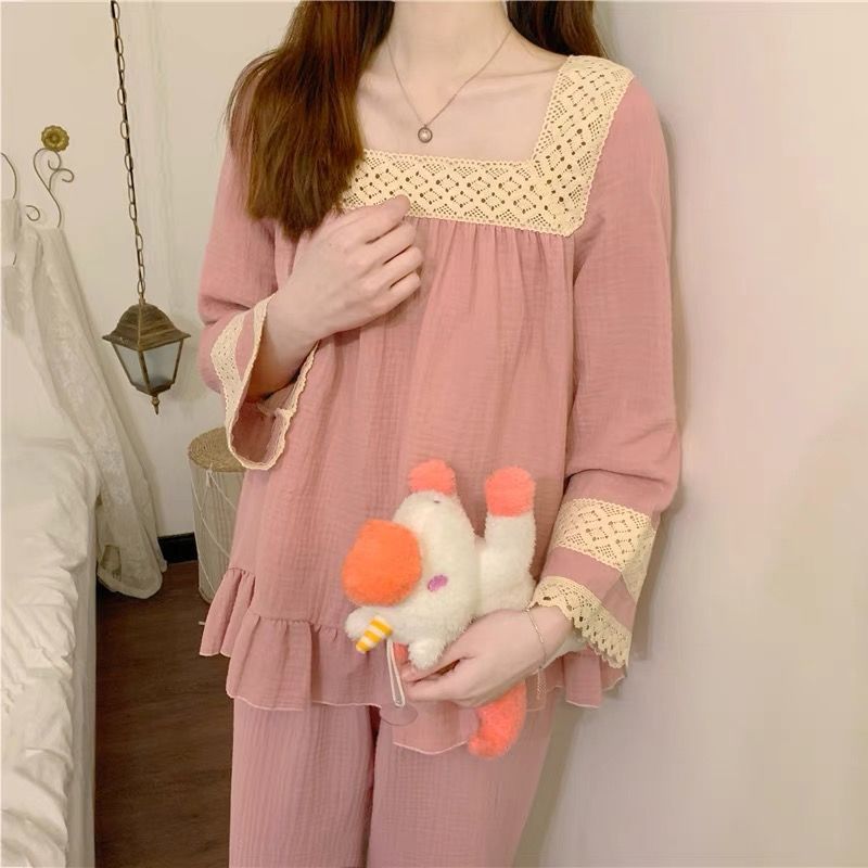 Al por mayor transfronterizo primavera y otoño estilo de cuello cuadrado pijama de encaje mujer manga larga set princesa dulce set de ropa para el hogar
