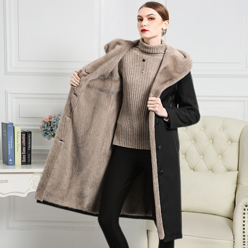 European and American 2025 Women's Imitation Mink Fur Lining Mid-Length Over-The-Knee Imitation Mink Coat New Cotton Padded Jacket for Women
