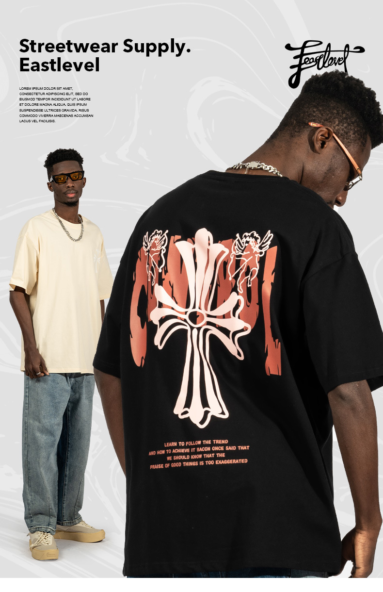 Camiseta masculina com estampa cruzada American Street 220gt, manga curta, tamanho solto, moda hip hop, estilo casal_voghion.com