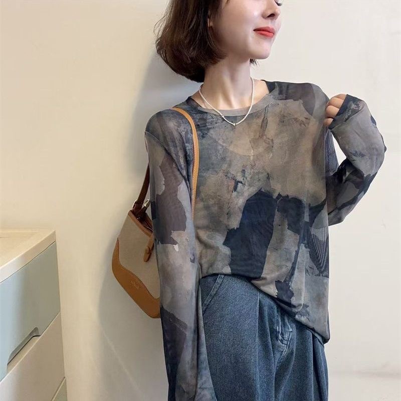 Áo thun nữ dài tay họa tiết in lưới phục cổ phong cách rộng thoải mái — màu xám chi tiết 2