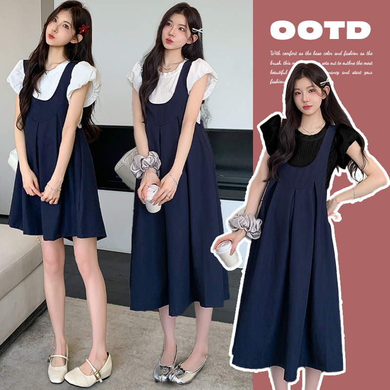 Real Shot of Maternity Summer Outfit Set 2025 New Style: Tie-Back Dress + Puff Sleeve Ice-Feel Knit Top Set