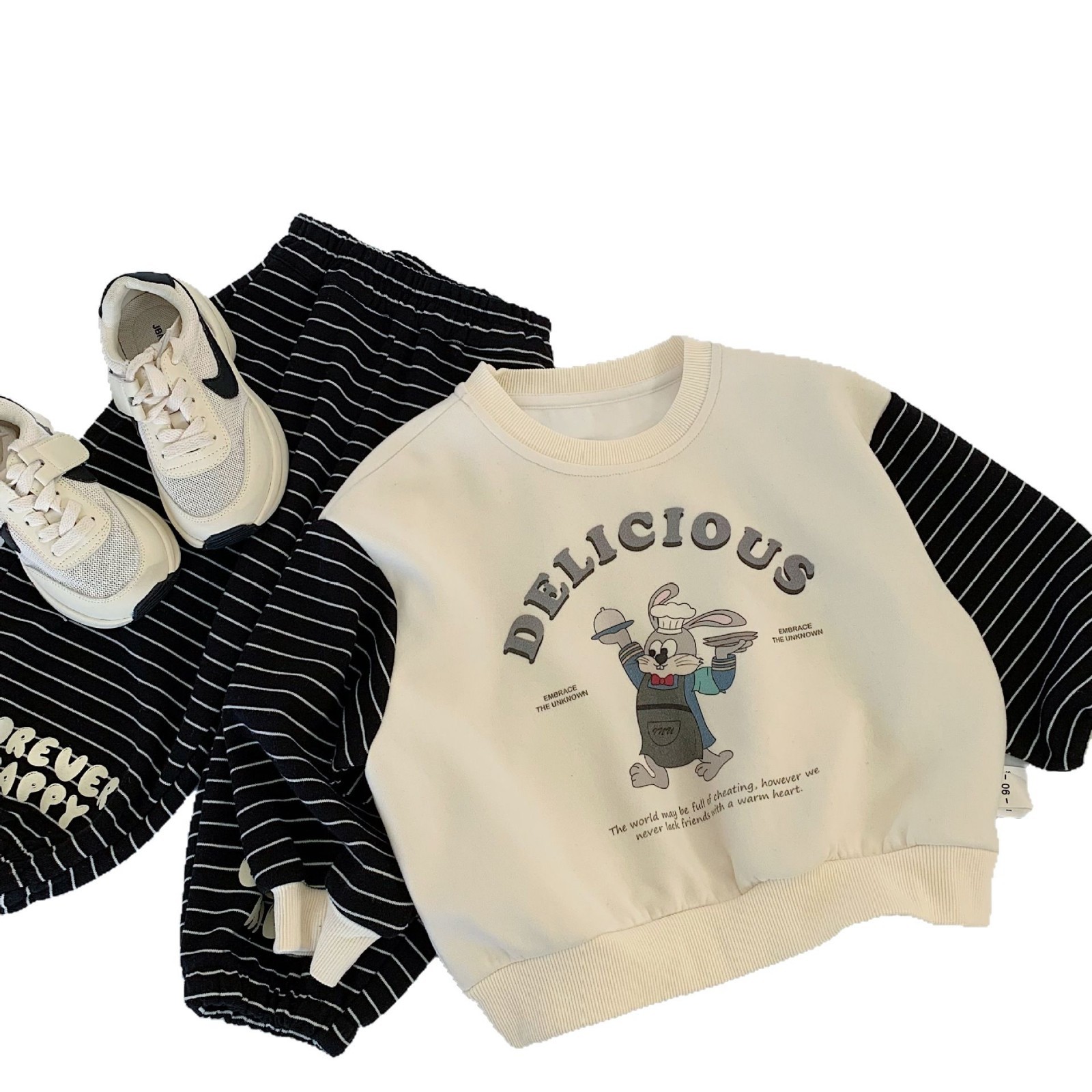 Traje para niños Maibao 2025 primavera niños y niñas estilo deportivo rayas color contraste suéter pantalones casuales de dos piezas
