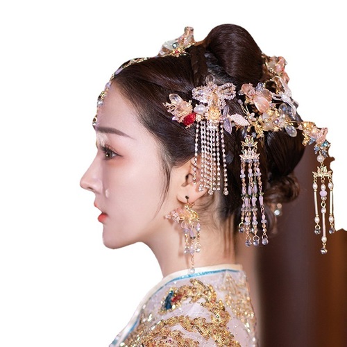 Chinese wedding bride headdress wholesale new diy ancientry XiuHe step light wave hair set
