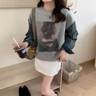 Autumn New Korean Style Casual Fashion Retro Printed Denim Sleeve Stitching Loose Fake Two-piece Round Neck Long Sleeve Sweaters