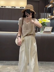 夏服、女性用の少し太くてスリムな中空半袖トップス、9点パンツ、ソルト系の軽くて大人のツーピーススーツのセット
