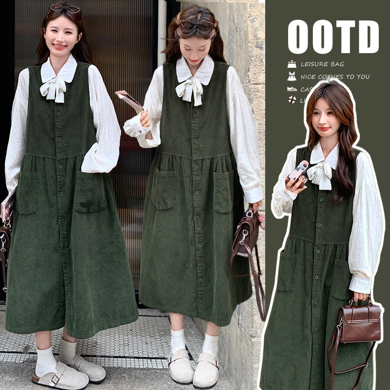 The Picture Has Been Processed 2025 Spring & Fall Shirt Dark Green Corduroy Suspender Dress Maternity Plus Size Suit The Picture Has Been Processed 2025 Spring & Fall Shirt Dark Green Corduroy Suspender Dress Maternity Plus Size Suit