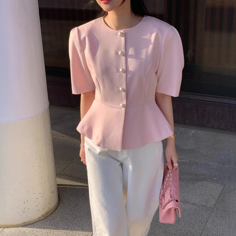 South Korea chic2025 Summer New French Single-breasted Waist Bubble Sleeve Chanel Style Elegant Short-sleeved Coat