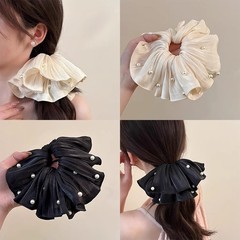 【大サイズ 直径20cm】スーパーフェアリーメッシュ 大きめヘアゴム ヘアロープ 特大 高級 シルバー ネットセレブ パール 女性