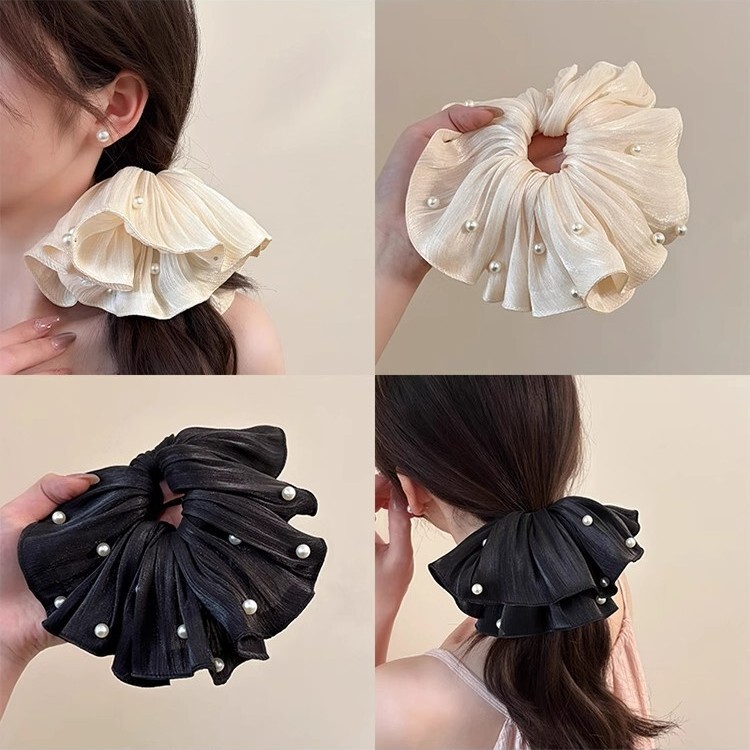 [Large Size 20cm Diameter] Super Fairy Mesh Large Intestine Hair Ring Hair Rope Extra Large High-End Silver Popular Pearls