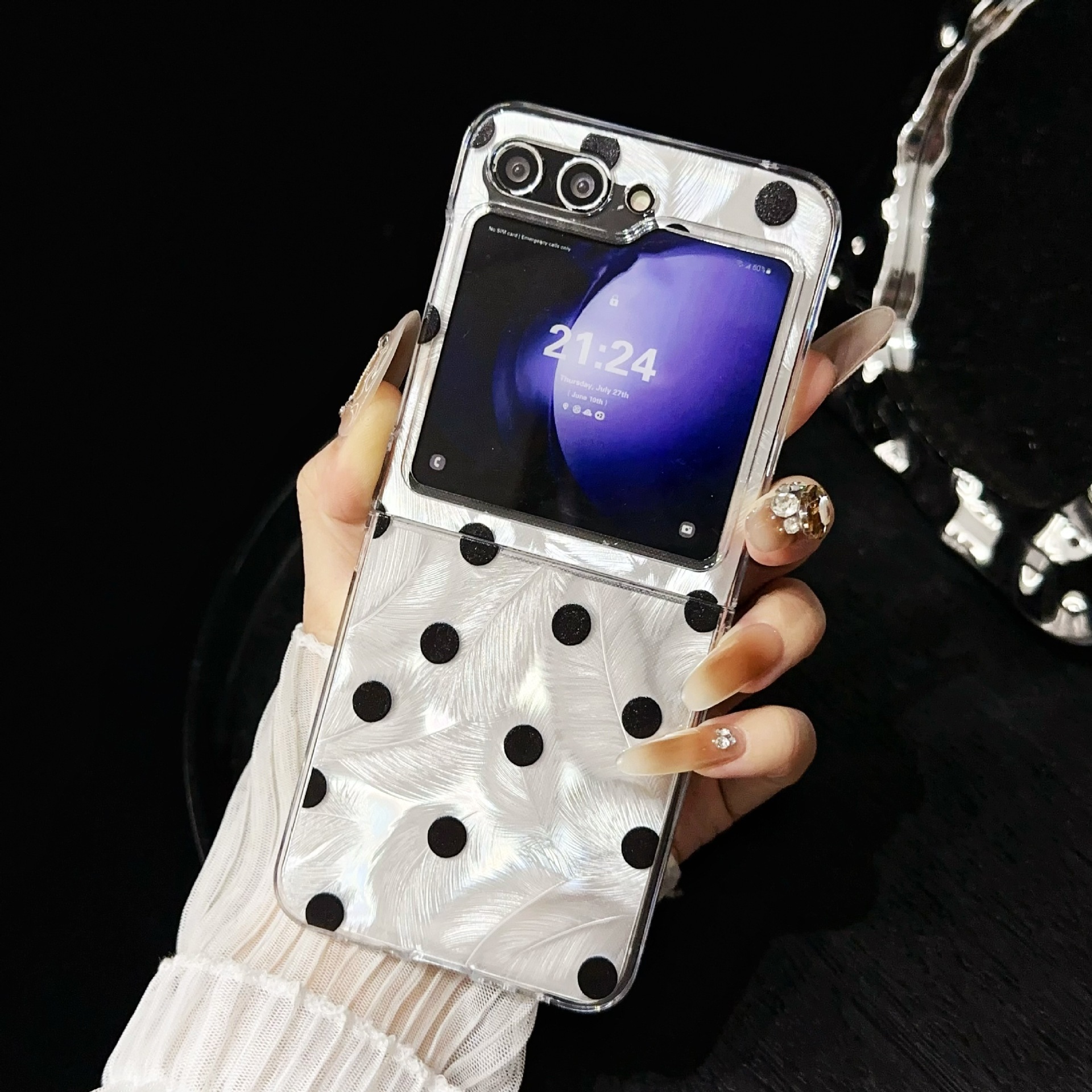 Transparent Polo Dot Feather Yarn for Samsung Galaxy Z Flip5 Phone Case Zflip3/4 Folding Screen Saver Sheath_voghion.com