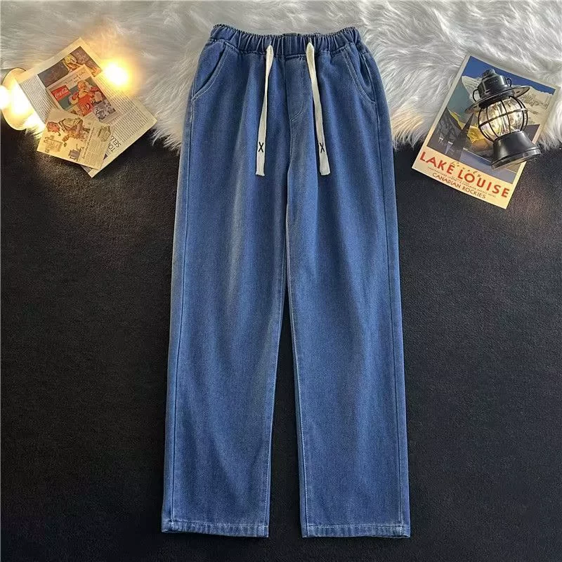 Осенние джинсы, модная синяя брюки, эластичный пояс, oversize, свободный прямой покрой
