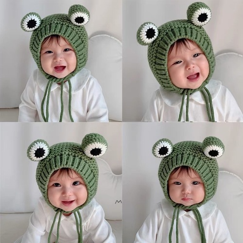 儿童帽秋冬季小青蛙可爱风男女童系带儿童帽护耳加绒宝宝帽针织帽