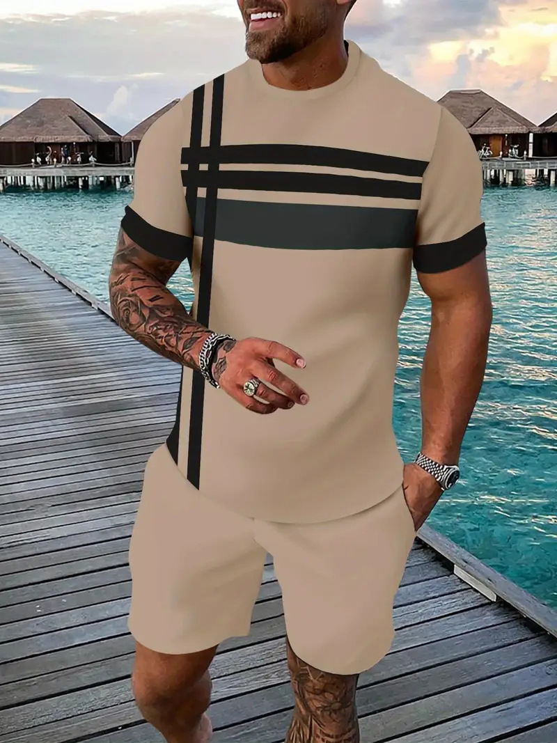 Zweiteiliges Sommer-Bekleidungsset für Herren: Locker sitzendes, dünnes Kurzarmhemd und Shorts in Übergröße (Mingshi)_voghion.com