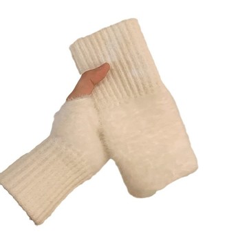 网红款针织无指手套女百搭半截半指保暖秋冬手袜学生纯色毛绒手套