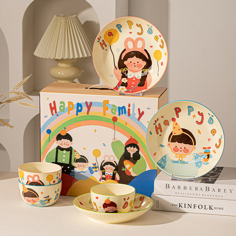 Juego de vajilla de cerámica para el hogar, tazón de arroz con dibujos animados, plato, vajilla de cerámica, juego de platos, caja de regalo.