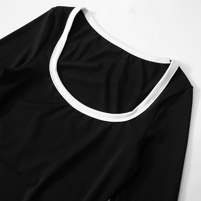 Women Clothing U Collar Color Contrast Patchwork Waist Tight Slingback Elegant Dress