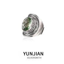 尼泊尔手工s925银镶嵌合成绿水晶大宝石夸张复古民族风活口戒指女
