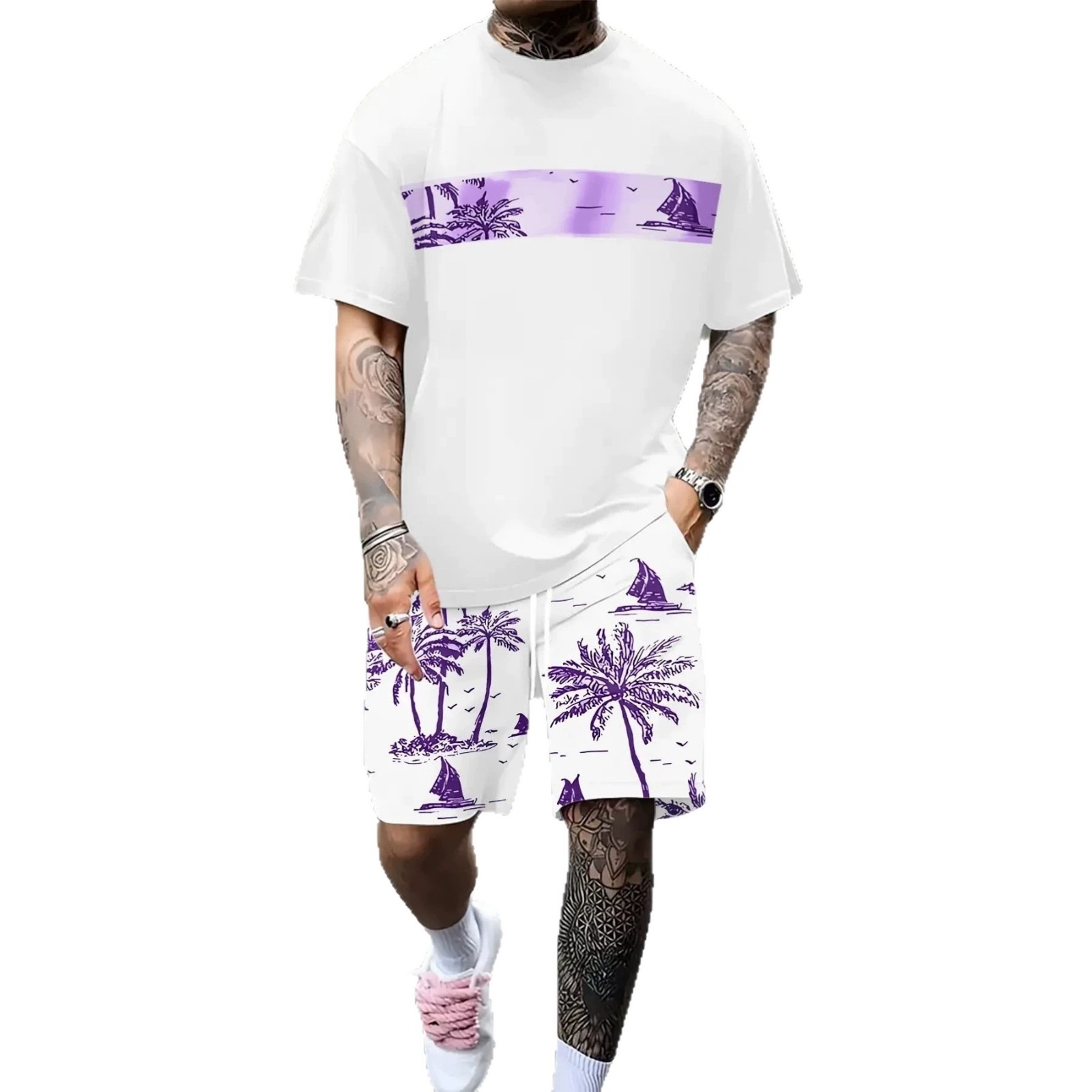Summer 3D Sailboat Print Men's Suit Casual Loose Fit Versatile Comfortable Everyday Wear_viptrois.com