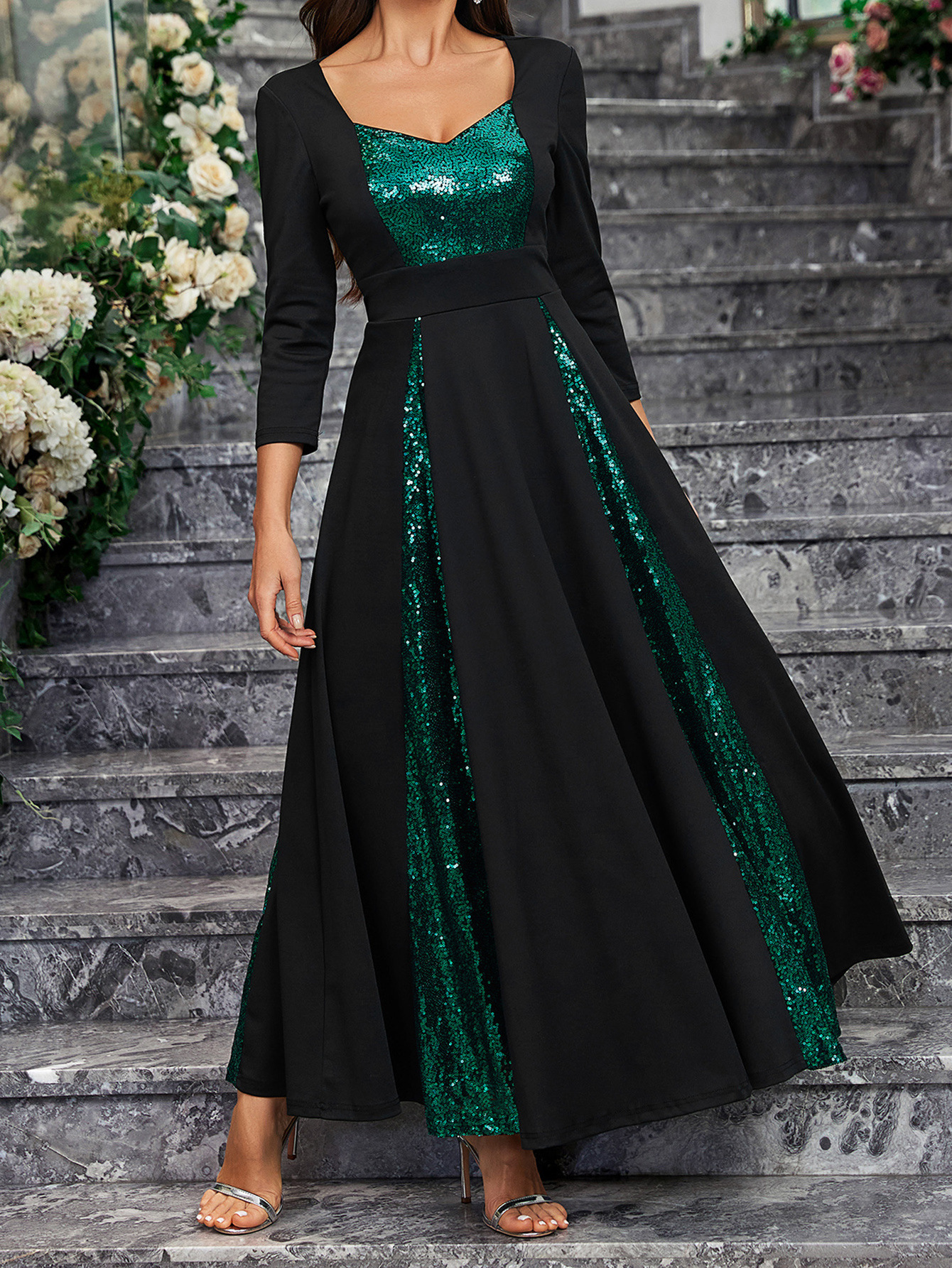 Ropa de mujer transfronteriza nuevo comercio exterior Amazon elegante lentejuelas gran fiesta cóctel vestido de fiesta de longitud media