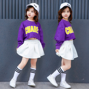 New Girls Hip-Hop Jazz Navel-Baring Loose Short-Sleeved Hip-Hop Kidsren's White Skirt Jazz Dance Performance Clothing Summer