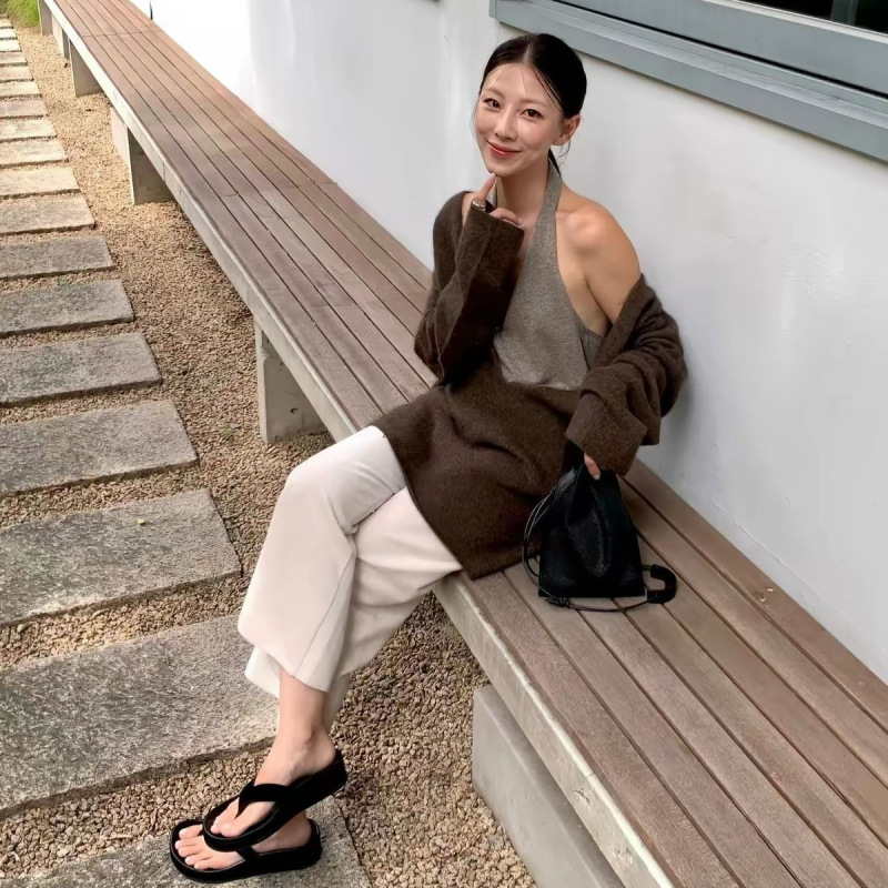 Xh Korean Style Lee Kum Hwa Same Style Knitted Halter/V-Neck Knitwear Dongdaemun Autumn New Women's Set