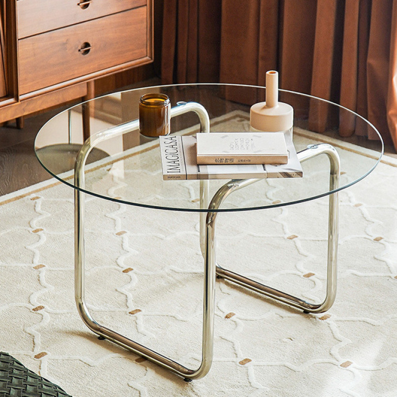 Nórdico moderno sala de estar nueva mesa de té de acero inoxidable mesa de té de vidrio sala de estar hogar de lujo ligero mesa de té de vidrio