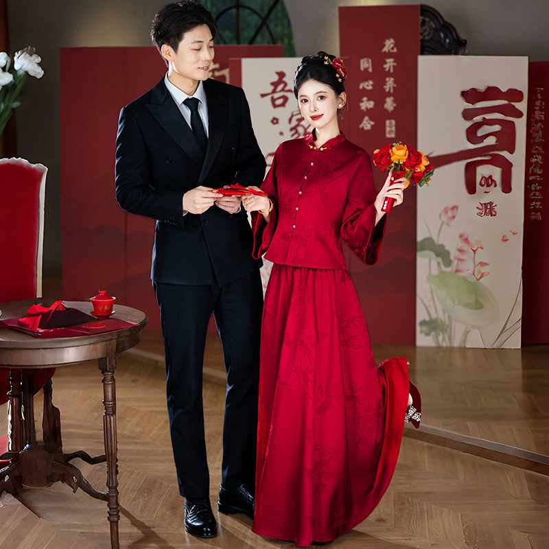 Good Quality Chinese Style Festive Wedding Banquet Stand Collar Plate Button Jacquard Retro Long-Sleeved Dress Toast Suit Good Quality Chinese Style Festive Wedding Banquet Stand Collar Plate Button Jacquard Retro Long-Sleeved Dress Toast Suit
