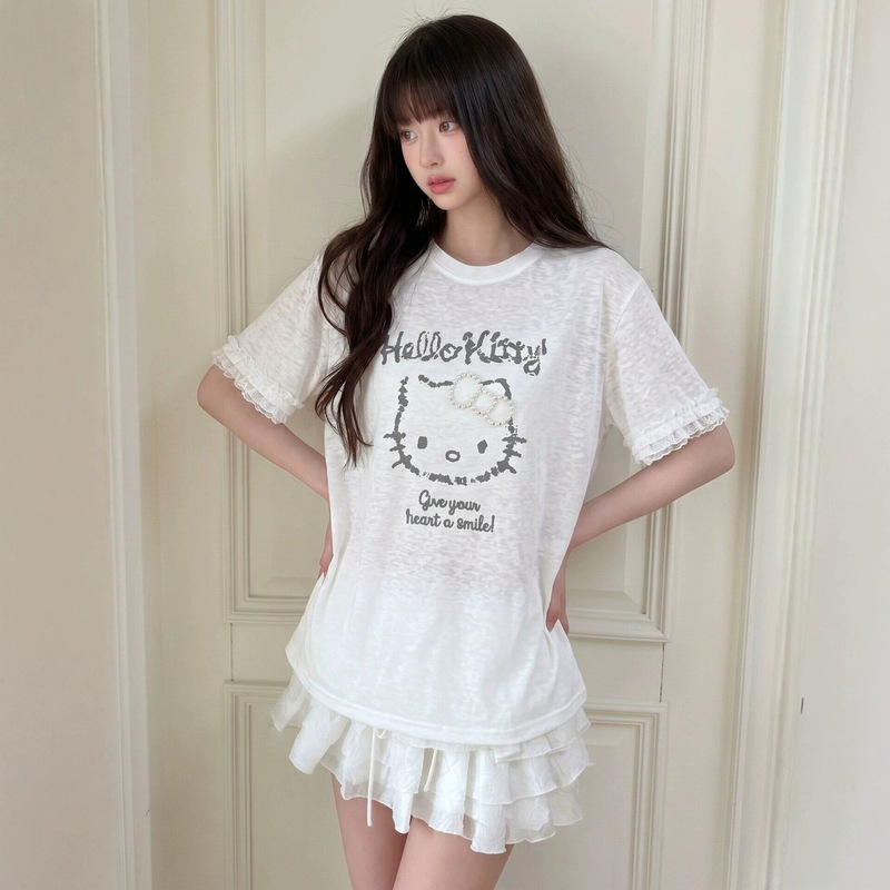 Zhang Beibei Ibel Lace Mesh Patchwork Three-Dimensional Beaded Kt Print T-Shirt Casual Versatile Round Neck Short-Sleeve Top