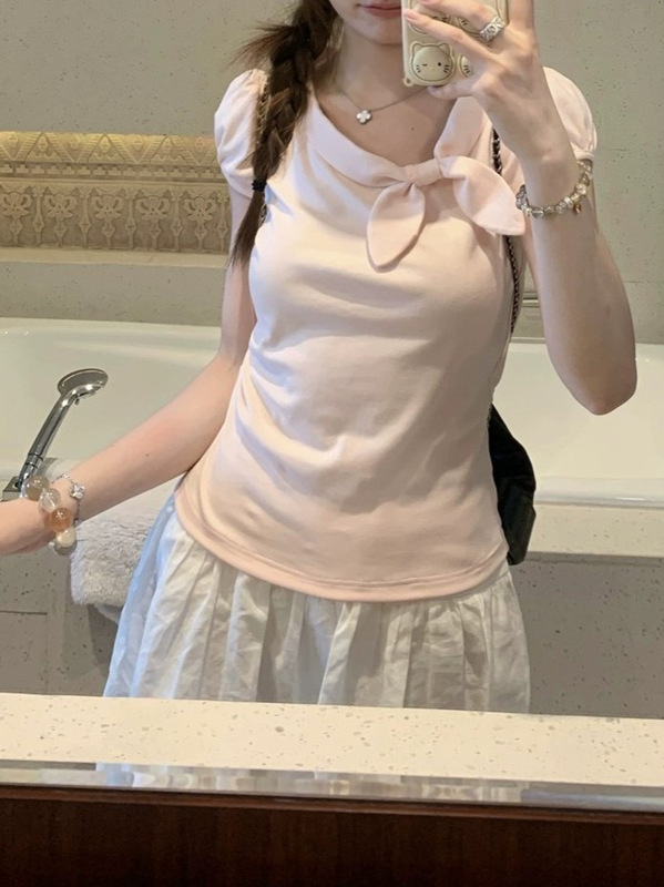 TheDouerr ウサギ耳 かわいい半袖Tシャツ 3色 夏 スリムフィット 右肩トップス 着痩せ|undefined