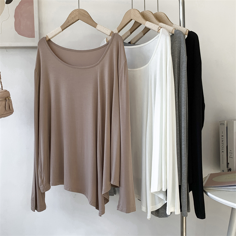 Irregular Modal Long-sleeved Big Round Neck T-shirt Women's Milk Tea Color Loose Lazy Style Solid Color Dance Clothes Practice Clothes