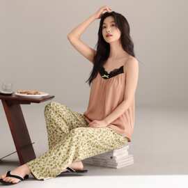 【带胸垫】夏季新款梭织纯棉女吊带长裤睡衣甜美女家居服
