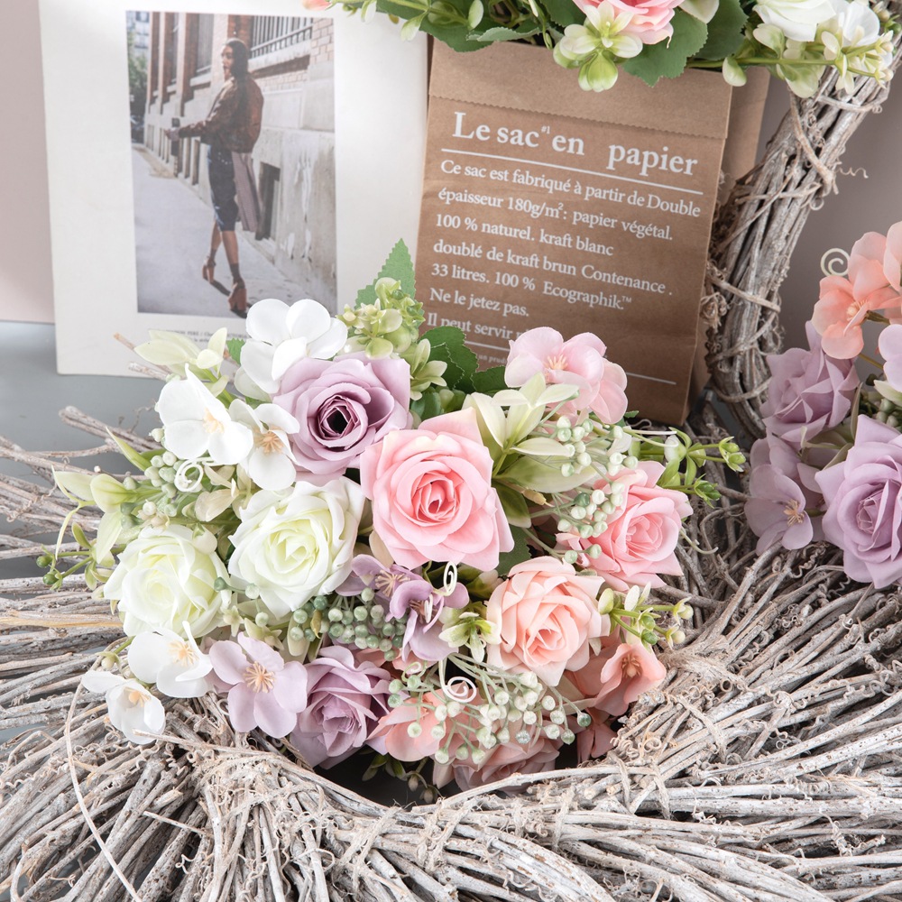 廠家緒子角玫手札仿真花裝飾假花手捧花玫瑰花牆INS跨境MW95002