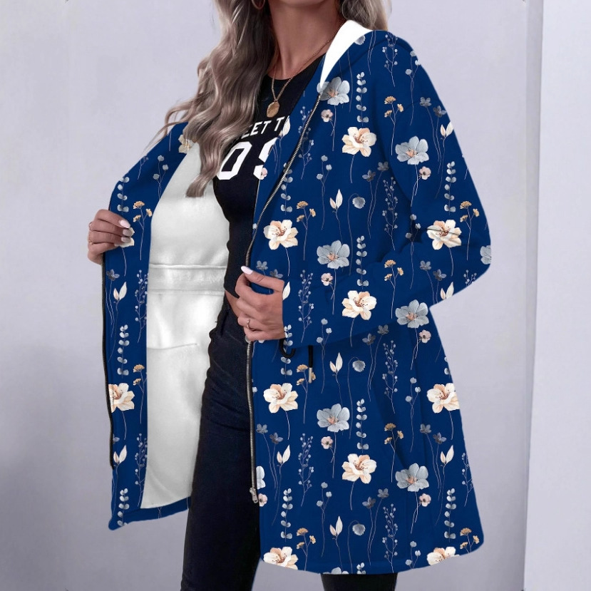Women's Mid-Length Zippered Hoodie With Printed Long Sleeves And Hood_ecoleips.com