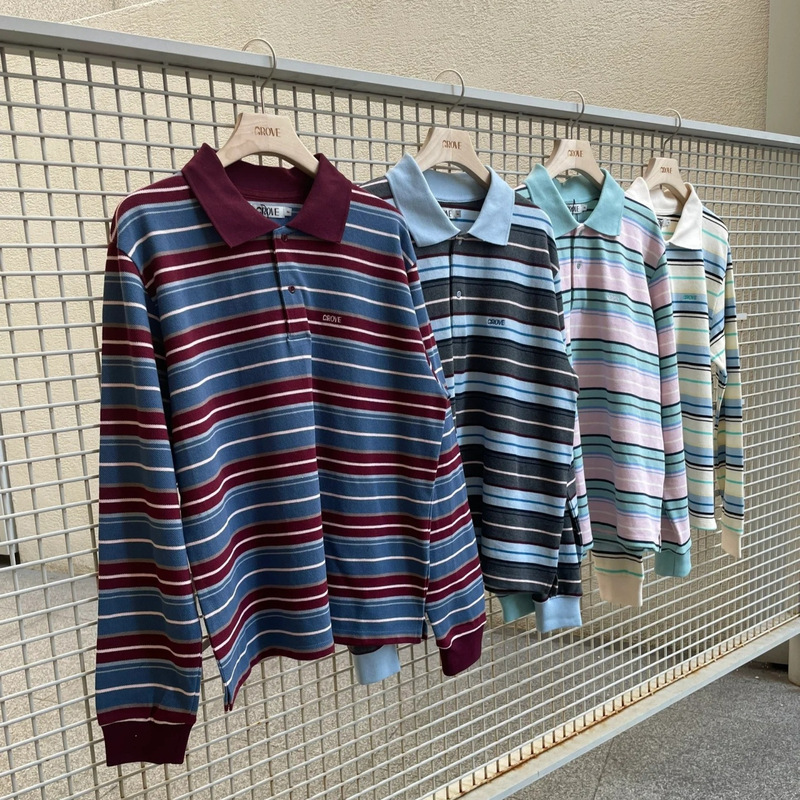 In-Stock Korean Niche Brand Grove Polo Collar Color-Blocked Striped Long-Sleeve Women's T-Shirt with a Stylish and Elegant Design