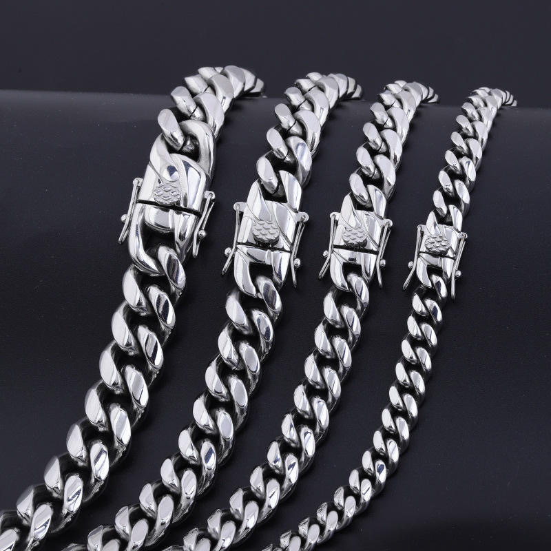 Titanium Steel Chain Material Wish  Stainless Steel Round Grinding Cuban Bracelet Men's Titanium Steel Hip Hop Fine Polishing Dragon Head Buckle Bracelet